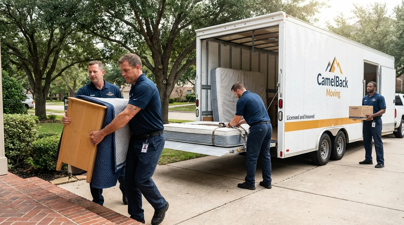Crew loading residential truck for cross-state move from South Portland, ME