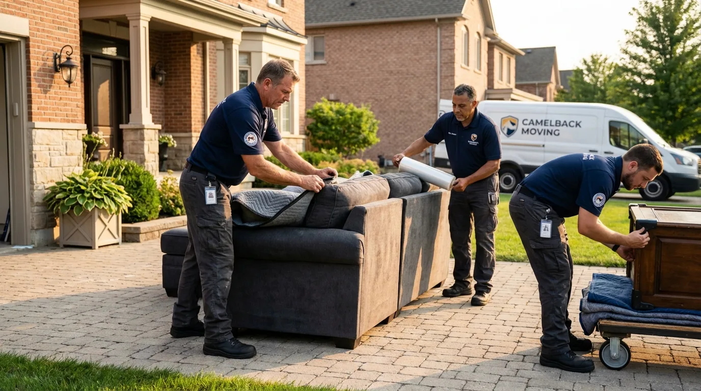 Large estate moving crew wrapping furniture in South Portland, ME