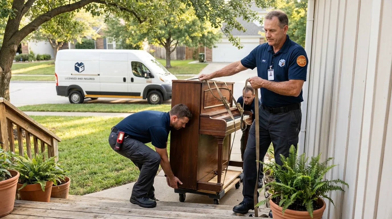 Licensed piano movers securing grand piano in South Portland, ME