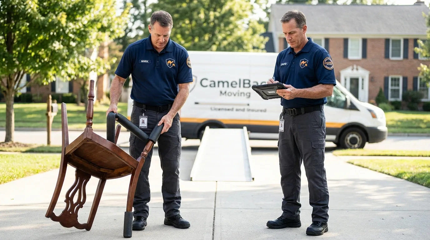 Movers inspecting furniture for damage prevention before loading in South Portland, ME