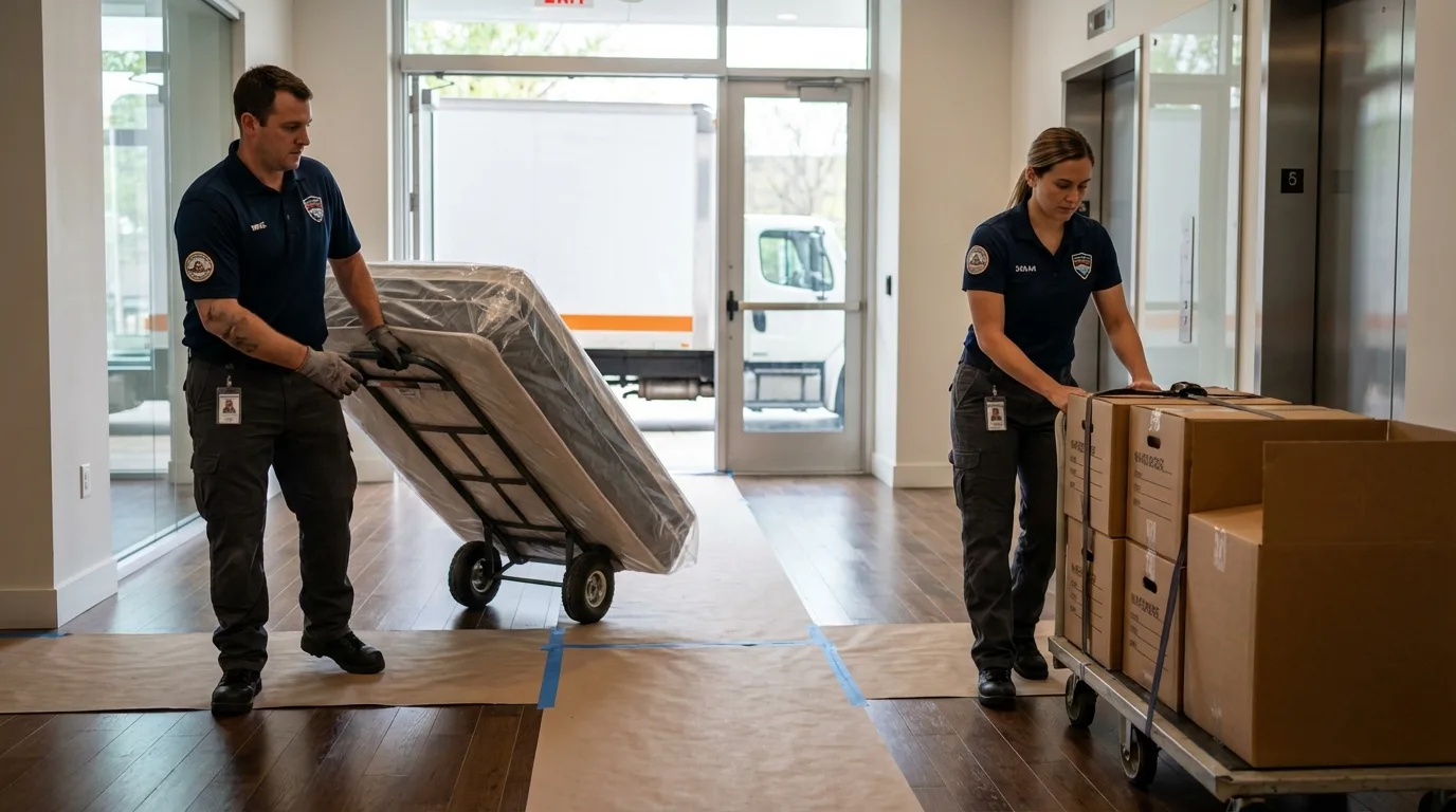 Professional apartment movers loading elevator in South Portland, ME