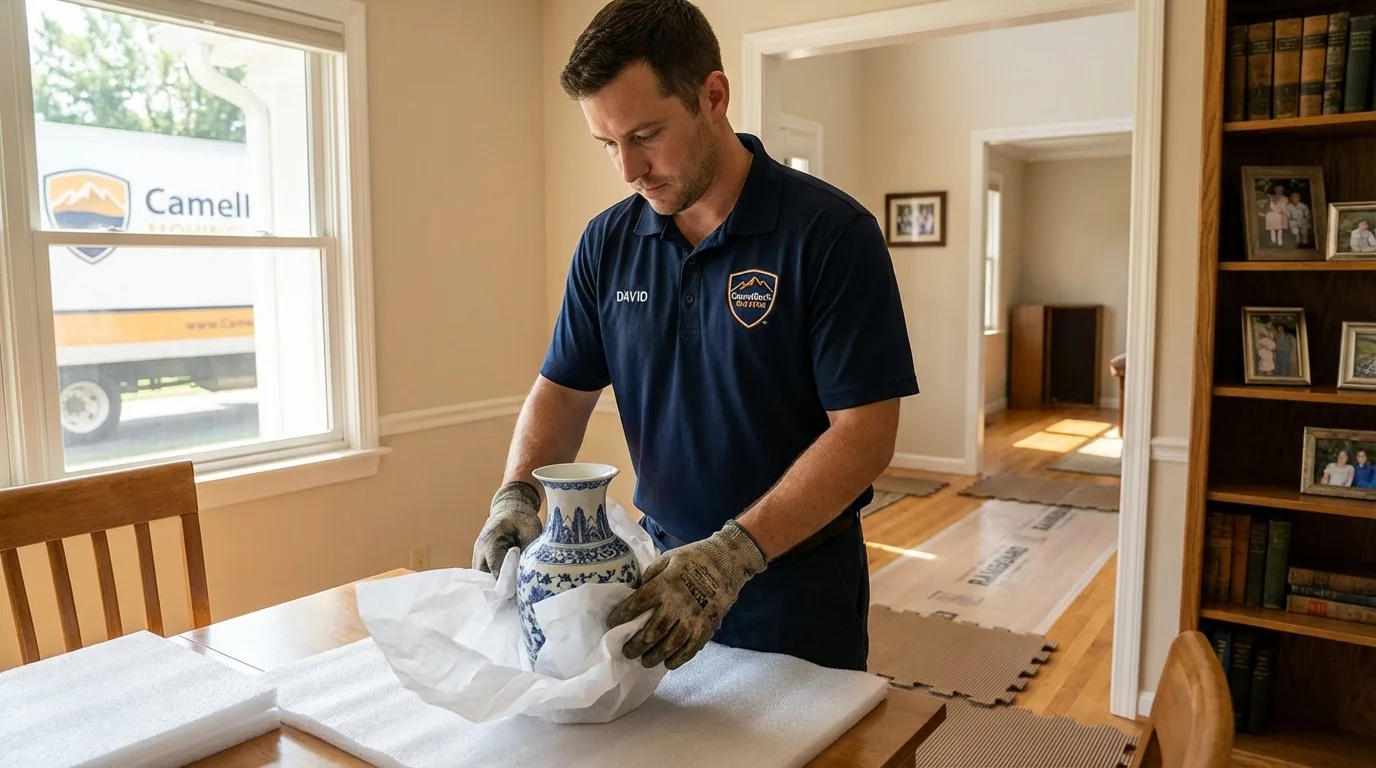 Professional crew carefully wrapping antique vase for senior downsizing move in South Portland, ME